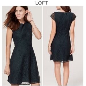LOFT Fit And Flare Lace Cap Sleeve Dress DARK GREEN
